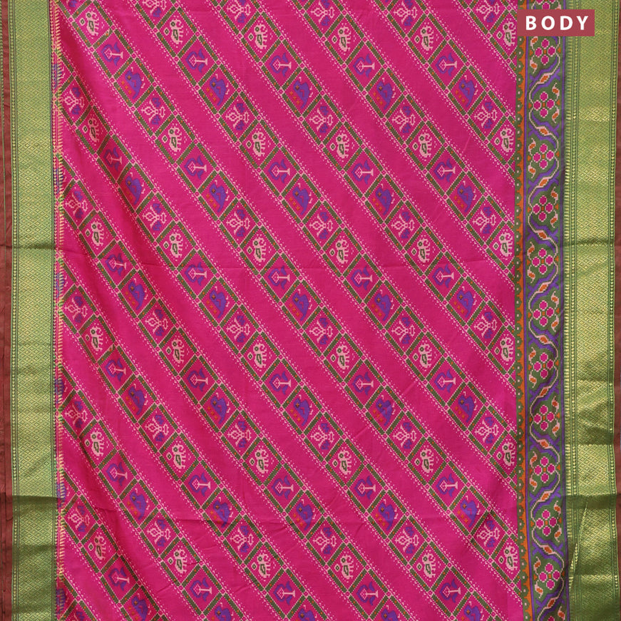 Semi tussar saree pink and dual shade of green with allover ikat prints and zari woven border