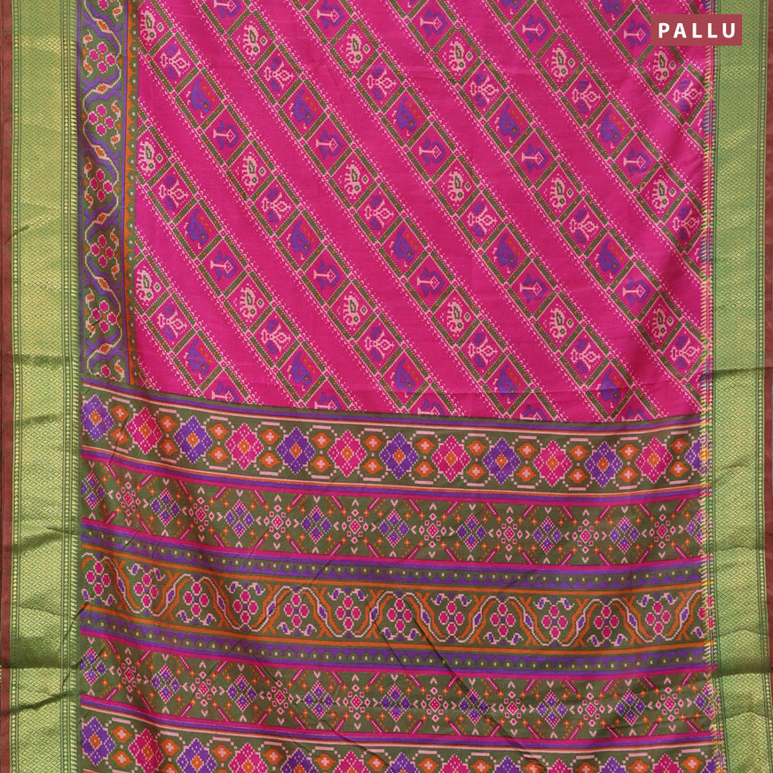 Semi tussar saree pink and dual shade of green with allover ikat prints and zari woven border