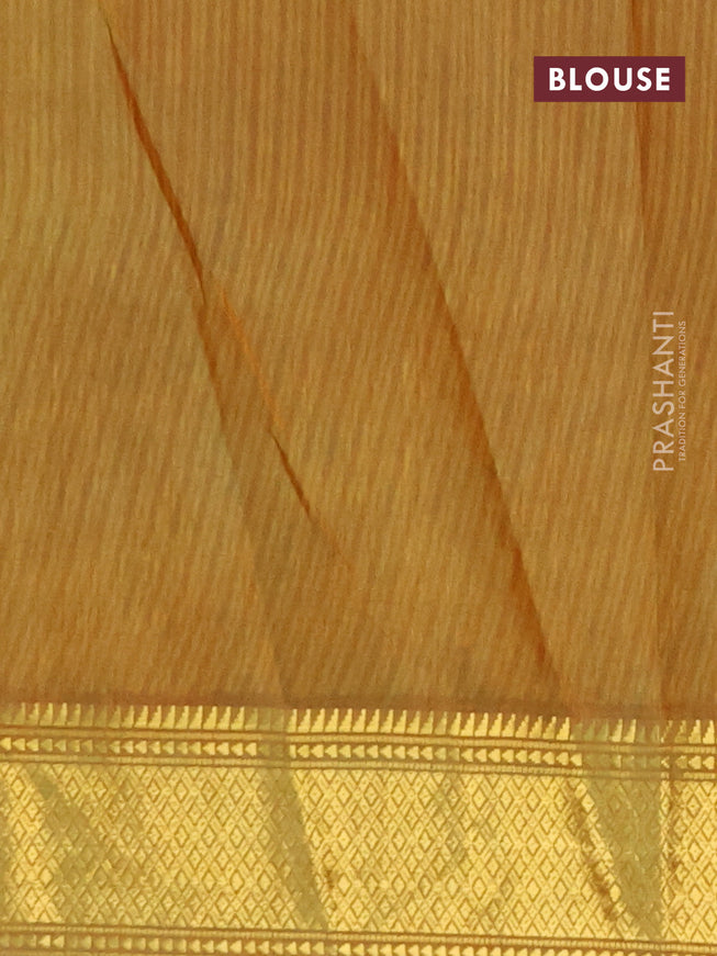 Semi tussar saree green and dark mustard with allover ikat prints and zari woven border