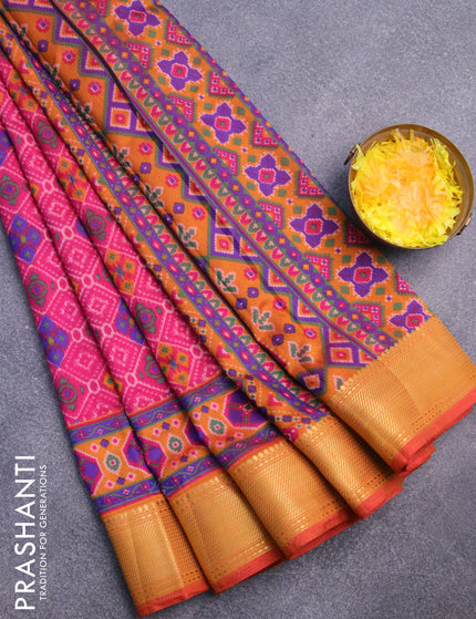 Semi tussar saree pink and dual shade of dark mustard with allover ikat prints and zari woven border