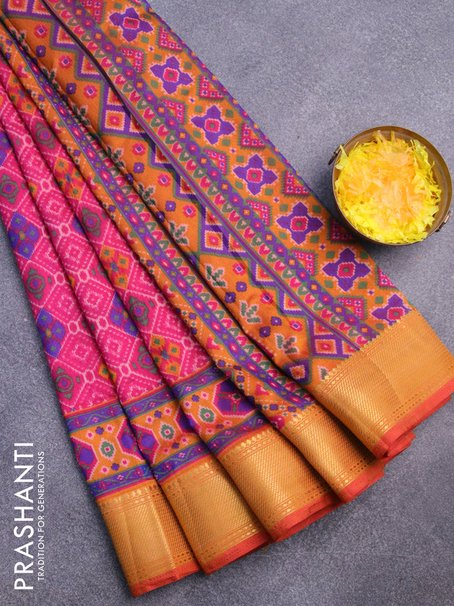 Semi tussar saree pink and dual shade of dark mustard with allover ikat prints and zari woven border