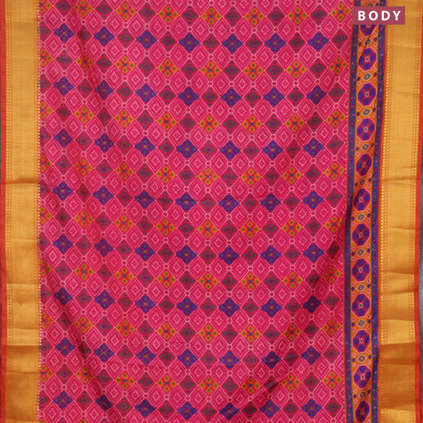 Semi tussar saree pink and dual shade of dark mustard with allover ikat prints and zari woven border