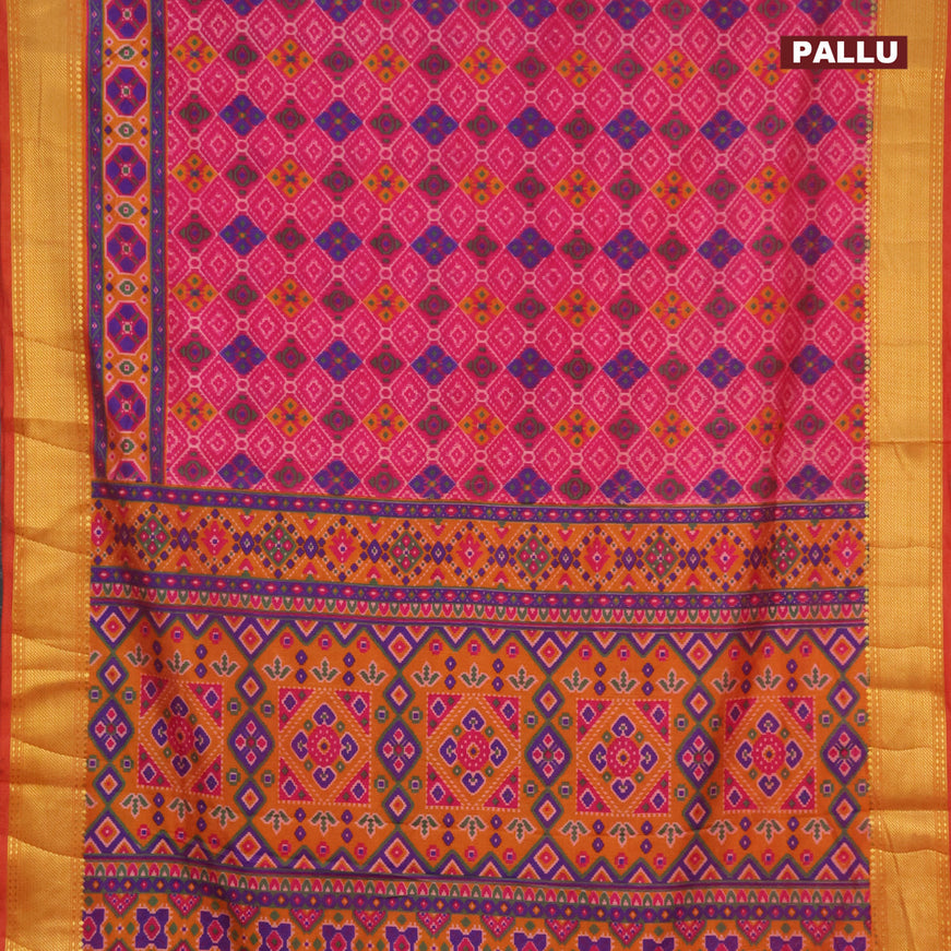 Semi tussar saree pink and dual shade of dark mustard with allover ikat prints and zari woven border