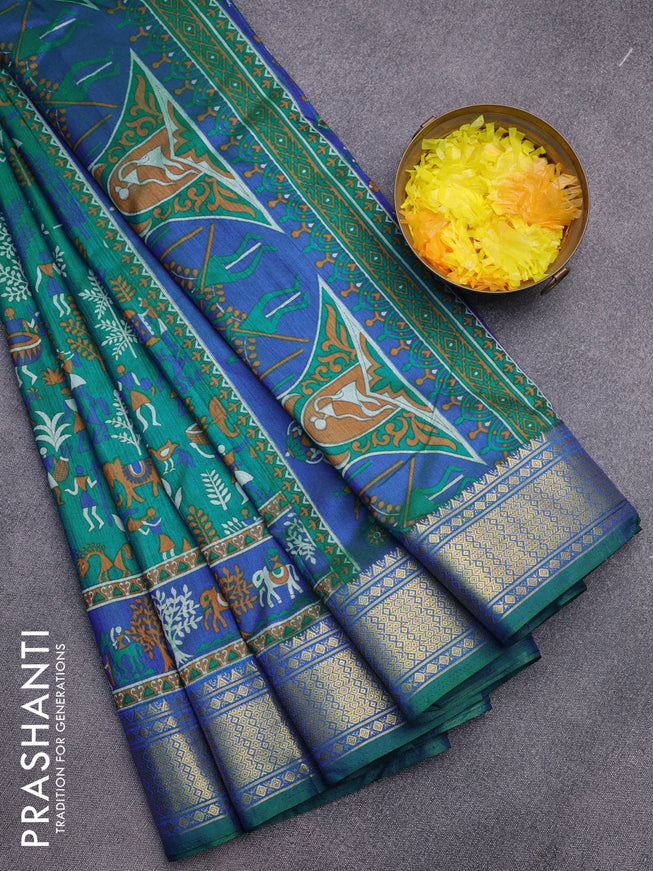 Semi tussar saree teal green and blue with allover prints and zari woven border