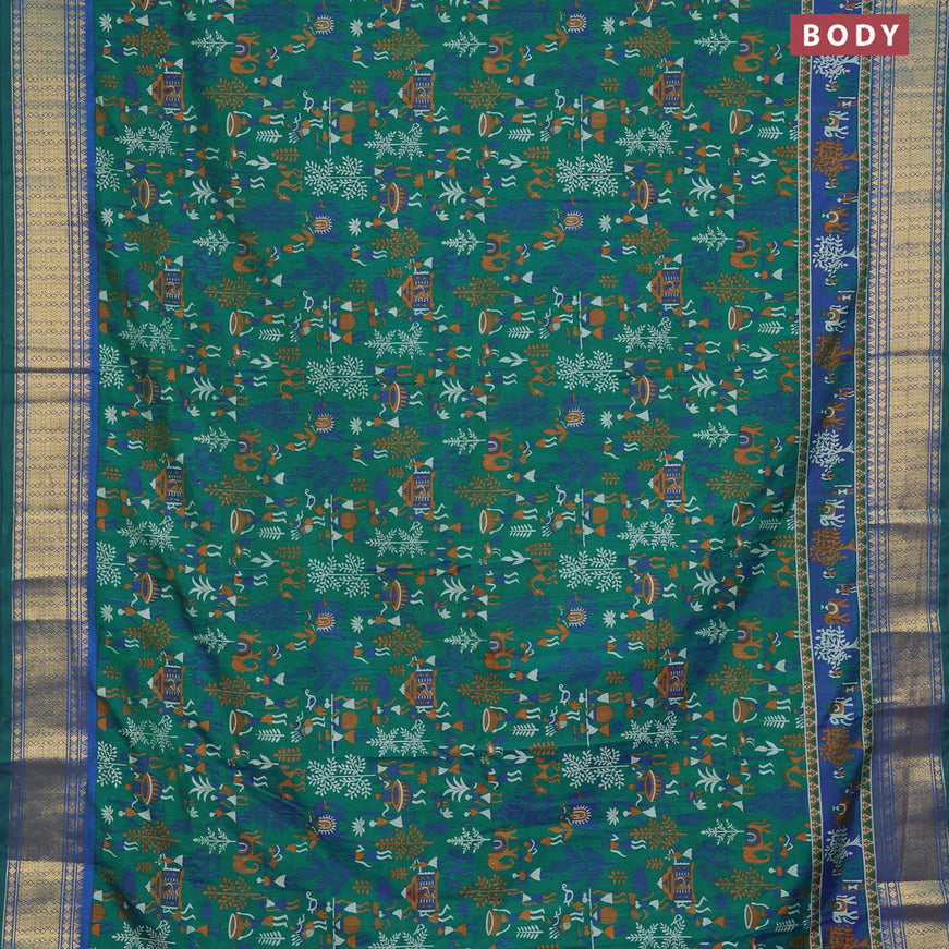 Semi tussar saree teal green and blue with allover prints and zari woven border