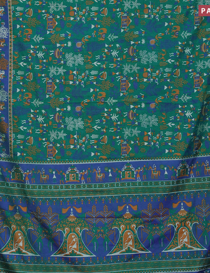 Semi tussar saree teal green and blue with allover prints and zari woven border