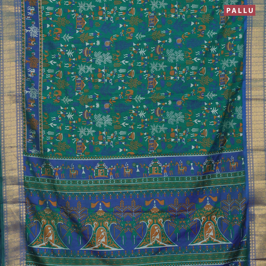 Semi tussar saree teal green and blue with allover prints and zari woven border