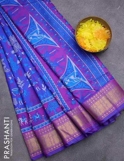 Semi tussar saree blue and purple with allover prints and zari woven border