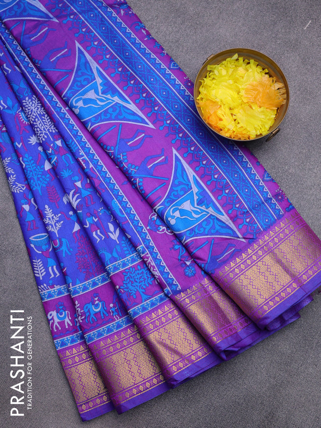 Semi tussar saree blue and purple with allover prints and zari woven border