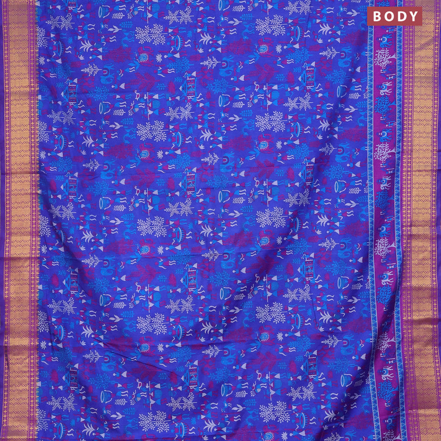 Semi tussar saree blue and purple with allover prints and zari woven border