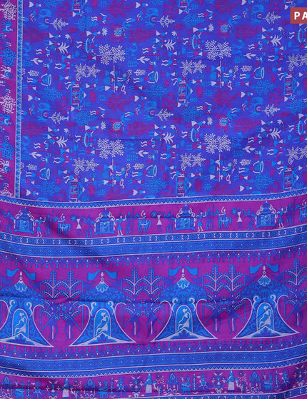 Semi tussar saree blue and purple with allover prints and zari woven border