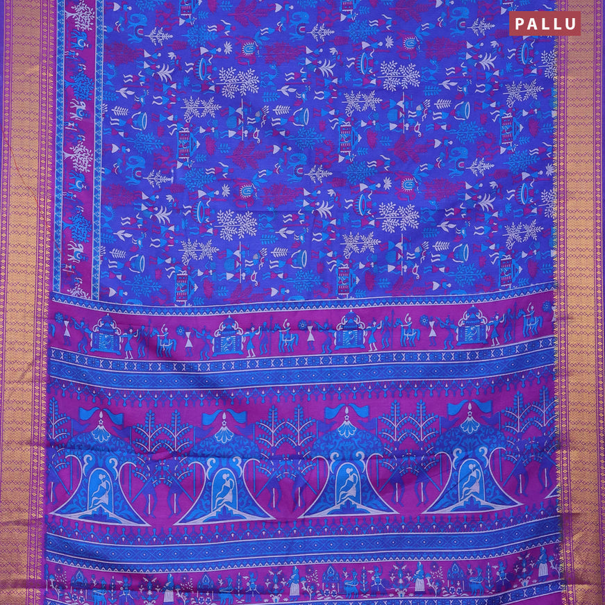 Semi tussar saree blue and purple with allover prints and zari woven border