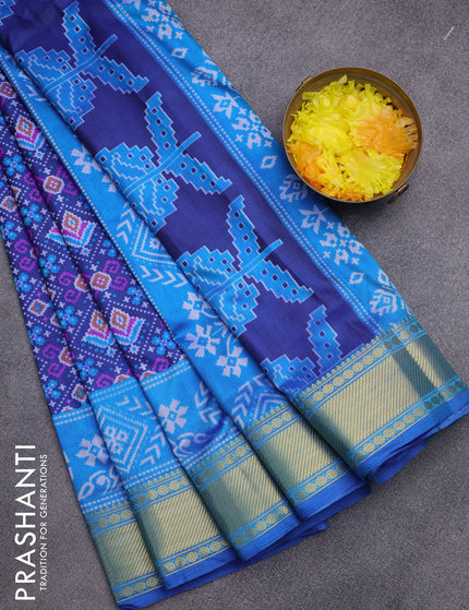 Semi tussar saree dark blue and cs blue with allover ikat prints and zari woven border