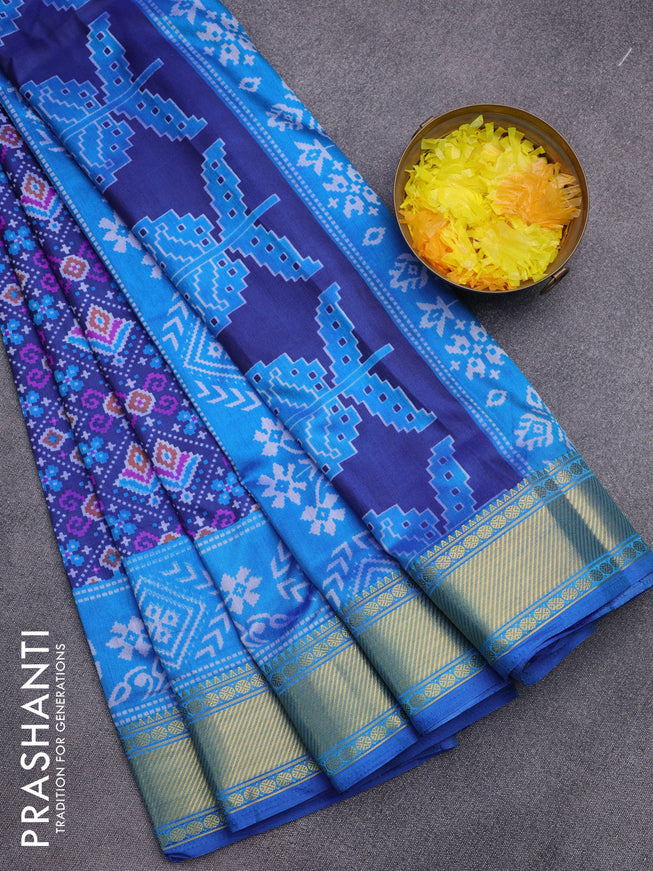 Semi tussar saree dark blue and cs blue with allover ikat prints and zari woven border