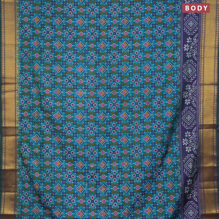 Semi tussar saree dual shade of cs blue and dual shade of bluish green with allover ikat prints and zari woven border