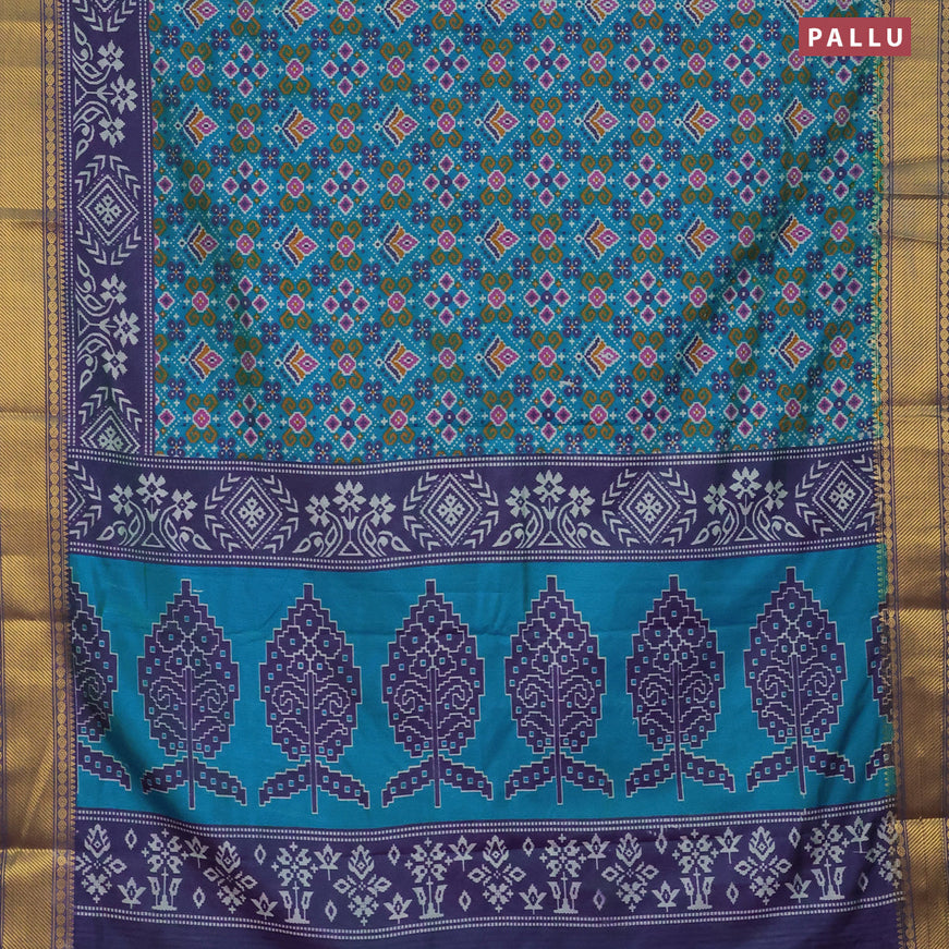 Semi tussar saree dual shade of cs blue and dual shade of bluish green with allover ikat prints and zari woven border