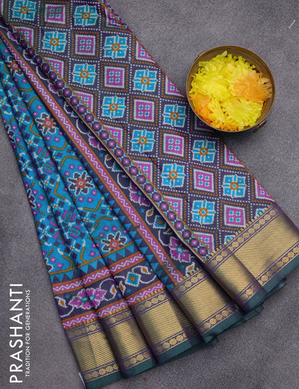 Semi tussar saree dual shade of blue and dual shade of green with allover prints and zari woven border