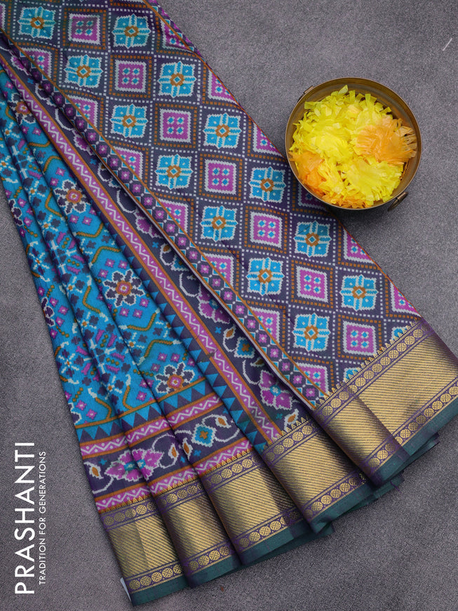 Semi tussar saree dual shade of blue and dual shade of green with allover prints and zari woven border