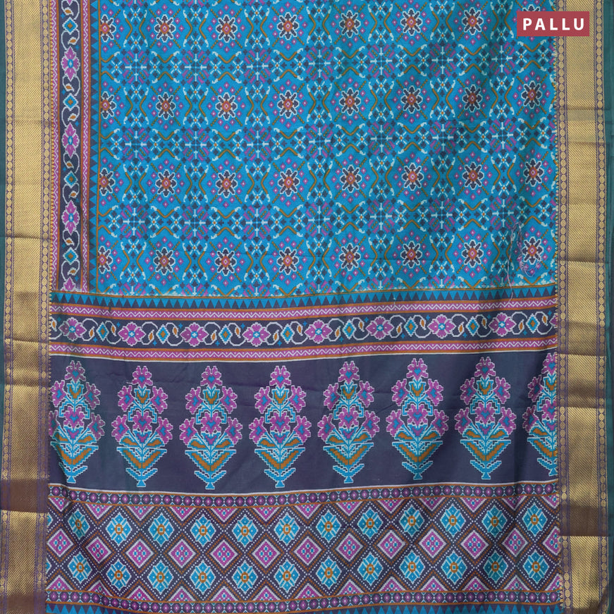 Semi tussar saree dual shade of blue and dual shade of green with allover prints and zari woven border