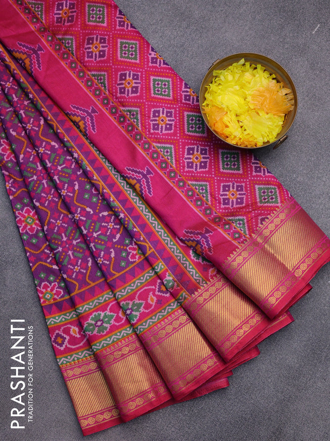 Semi tussar saree dual shade of purple and pink with allover prints and zari woven border