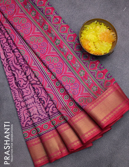 Semi tussar saree dual shade of purple and pink with allover prints and zari woven border