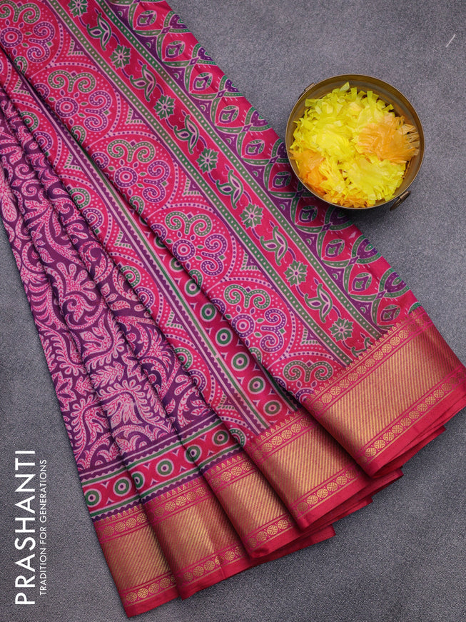 Semi tussar saree dual shade of purple and pink with allover prints and zari woven border