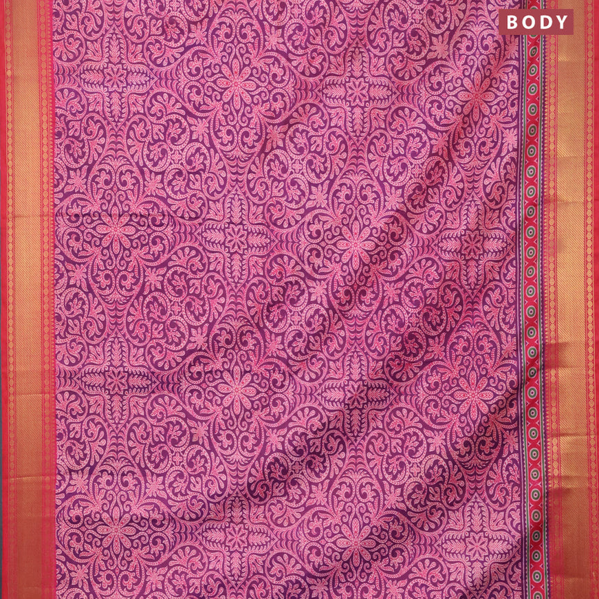 Semi tussar saree dual shade of purple and pink with allover prints and zari woven border