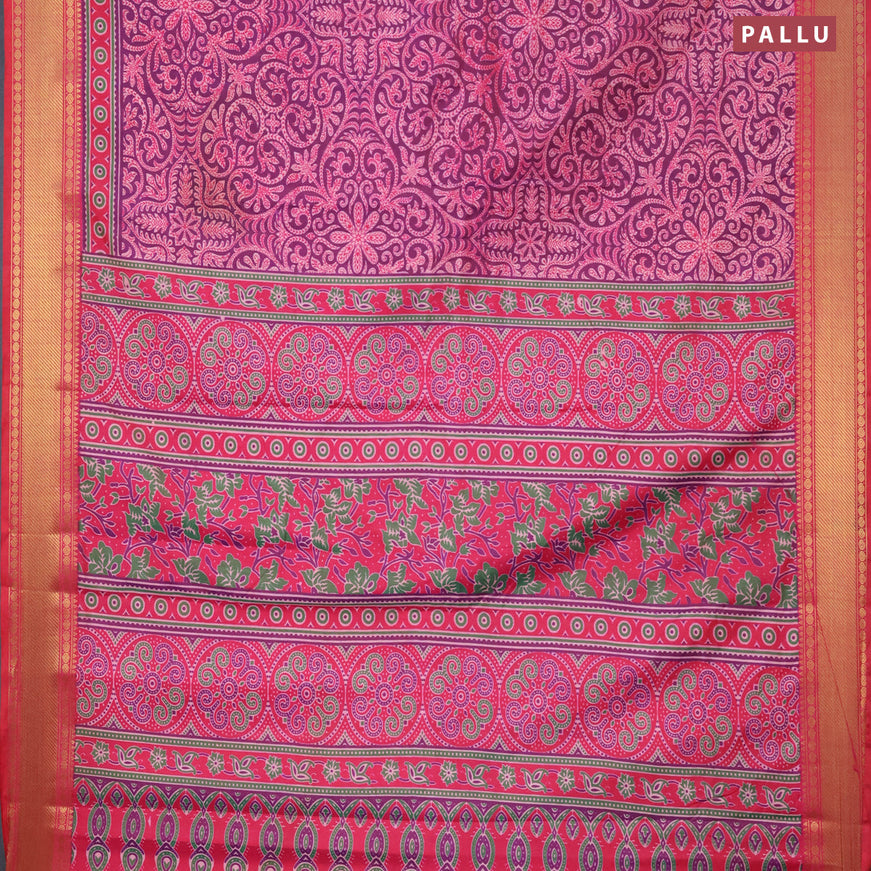 Semi tussar saree dual shade of purple and pink with allover prints and zari woven border