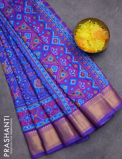 Semi tussar saree royal blue and dual shade of purple with allover prints and zari woven border