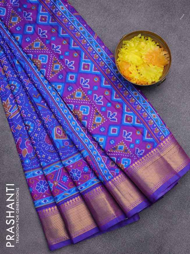 Semi tussar saree royal blue and dual shade of purple with allover prints and zari woven border