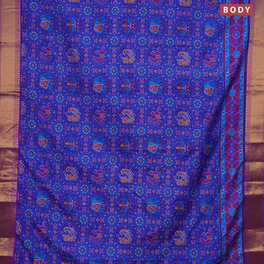 Semi tussar saree royal blue and dual shade of purple with allover prints and zari woven border