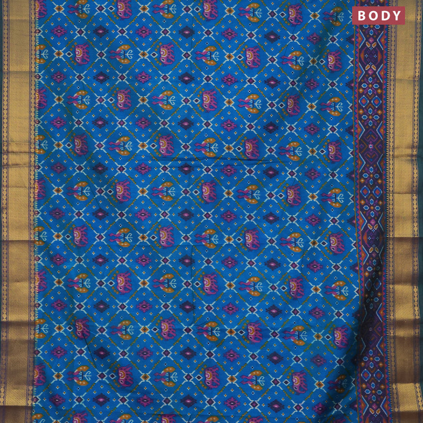 Semi tussar saree dual shade of teal blue and dual shade of violet with allover ikat prints and zari woven border