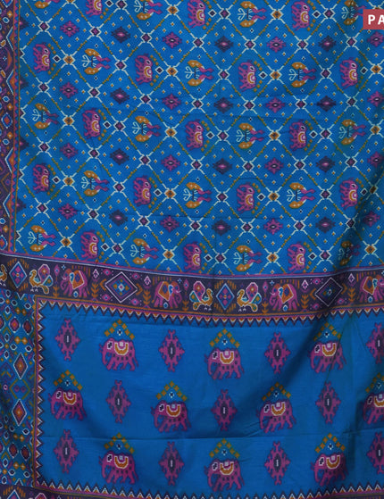 Semi tussar saree dual shade of teal blue and dual shade of violet with allover ikat prints and zari woven border