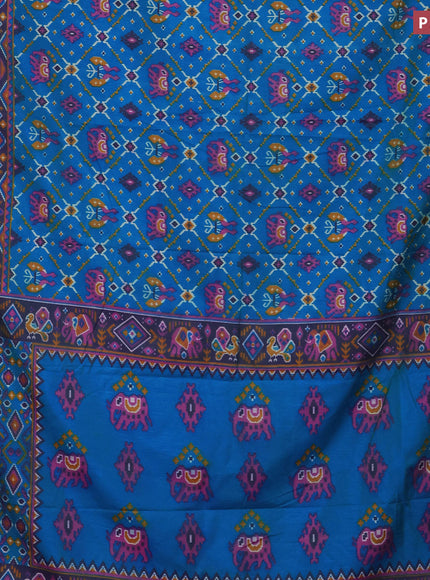 Semi tussar saree dual shade of teal blue and dual shade of violet with allover ikat prints and zari woven border