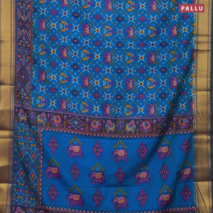 Semi tussar saree dual shade of teal blue and dual shade of violet with allover ikat prints and zari woven border