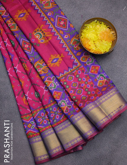 Semi tussar saree pink and dual shade of bluish maroon with allover ikat prints and zari woven border