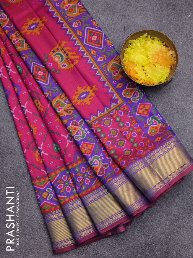 Semi tussar saree pink and dual shade of bluish maroon with allover ikat prints and zari woven border