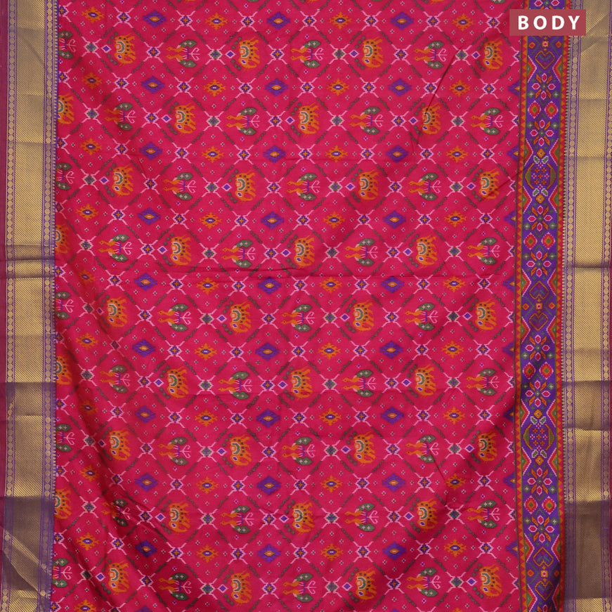 Semi tussar saree pink and dual shade of bluish maroon with allover ikat prints and zari woven border