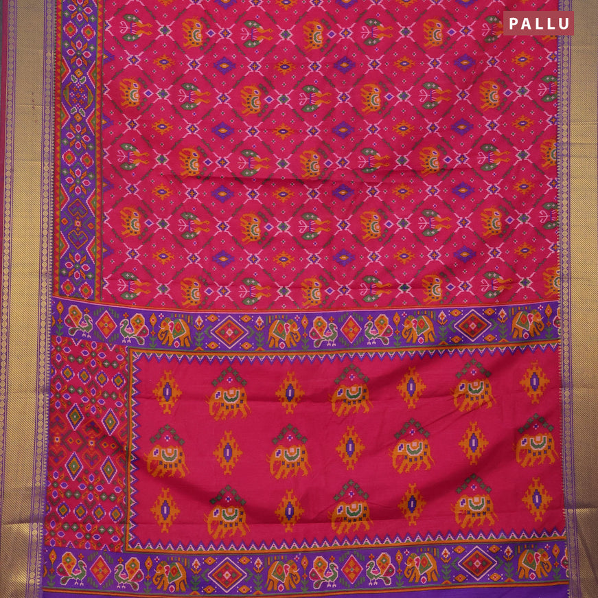 Semi tussar saree pink and dual shade of bluish maroon with allover ikat prints and zari woven border