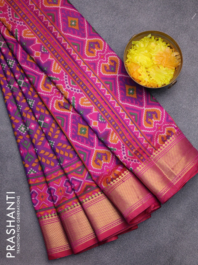 Semi tussar saree purple and pink with allover prints and zari woven border