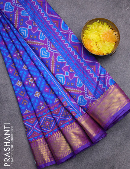 Semi tussar saree blue and dual shade of purple with allover prints and zari woven border