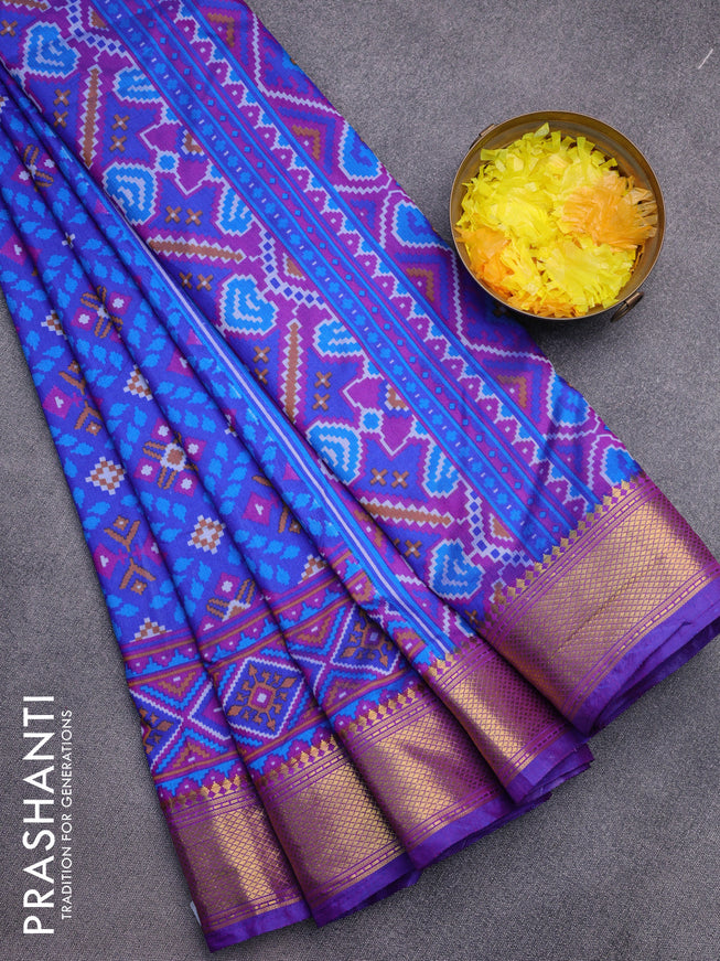 Semi tussar saree blue and dual shade of purple with allover prints and zari woven border