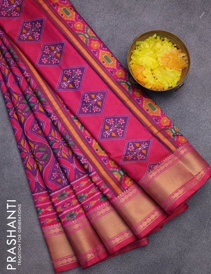 Semi tussar saree deep purple and pink with allover prints and zari woven border