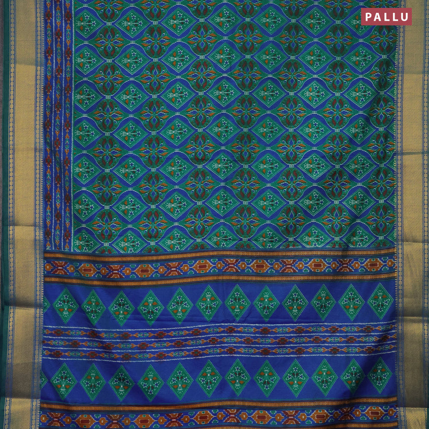 Semi tussar saree green and blue with allover prints and zari woven border