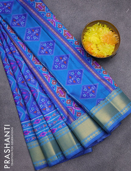 Semi tussar saree blue and cs blue with allover prints and zari woven border