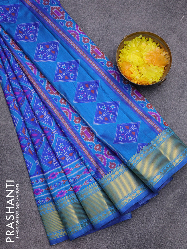 Semi tussar saree blue and cs blue with allover prints and zari woven border