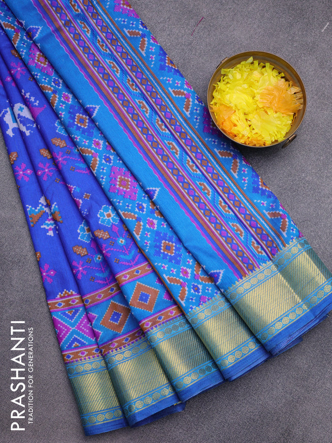 Semi tussar saree blue and cs blue with ikat butta prints and zari woven border