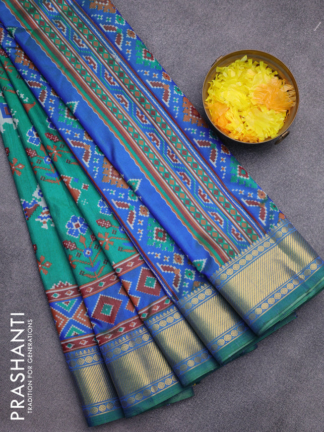 Semi tussar saree teal green and blue with ikat butta prints and zari woven border