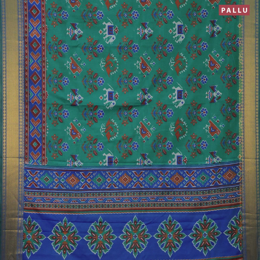 Semi tussar saree teal green and blue with ikat butta prints and zari woven border