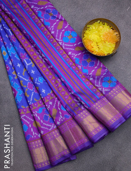 Semi tussar saree royal blue and purple with allover ikat prints and zari woven border